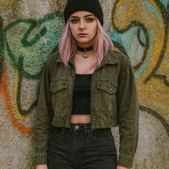 Olive Green 100% Cotton Zip Up Pocket Cropped Jacket S Lightweight Retro - Picture 1 of 7
